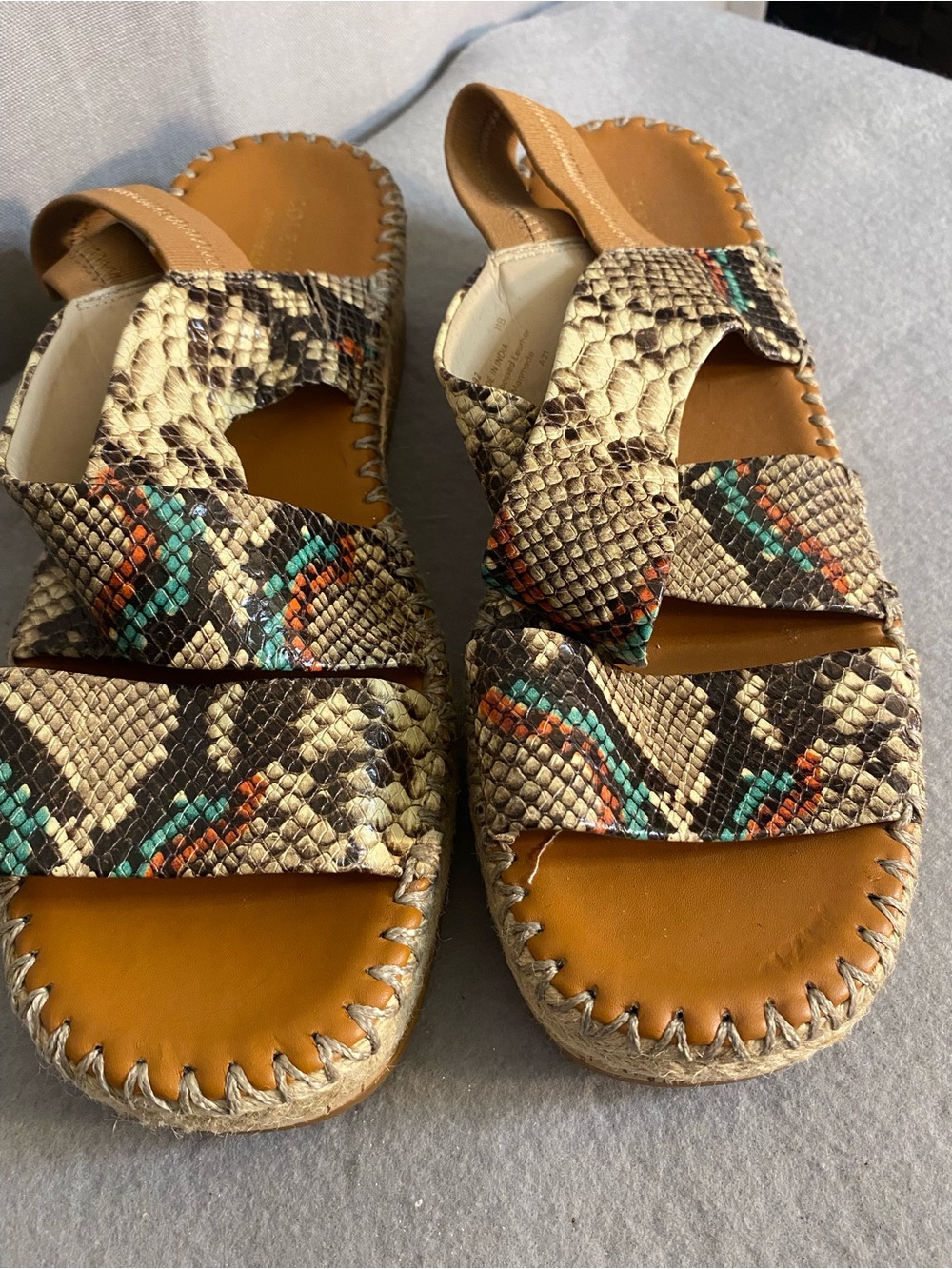 Cole Haan Tan Snake-Print Slingback Sandals with Teal & Orange Accents